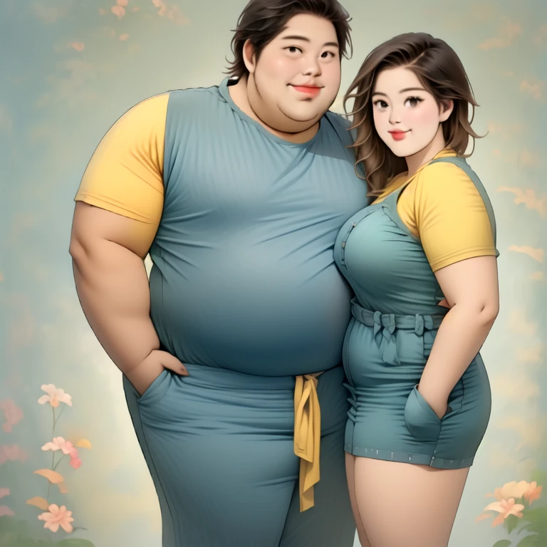 A friendly obese man and woman couple, holding tightly, photorealistic, 8K