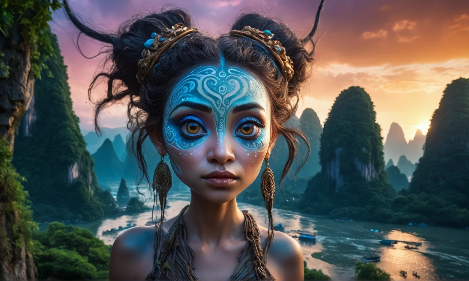 view from height,full-body-shot,niobium The Alien Entity Moana, sassiness temper,natural skin textures, hyper realisitc, hyper detailed,Extremely detailed,High contrast, ,Realistic,Ultra Detailed,intricate details,realistic humid skin,extremely intricate,Epic Realistic, Romantic, cinematic style,irina yermolova, messy hair,luminous eyes,extremely detailed, [night landscape],masterpiece,intricate details,faded,eyes extremely detailed, high detailed eyes,32k resolution, Nikon Z9,orc's village of fishers on Li River in  National Forest Park,full body length,mother-of-bismuth TAUN WE from star wars,ominous landscape,flying islands on background in dangerous atmosphere,intricate details,realistic humid skin,extremely intricate details,anatomically correct,faded,eyes extremely detailed, high detailed eyes,UHD,Retina,HDR,natural skin textures, hyper realism, hyper detailed,High contrast,Realism,Ultra Detailed,irina yermolova,close full body shot, masterpiece,faded,32k resolution, Nikon Z9,sunset, a Tim Burton-inspired dreamscape,Bun Hair,(Folk clothes:1.5)