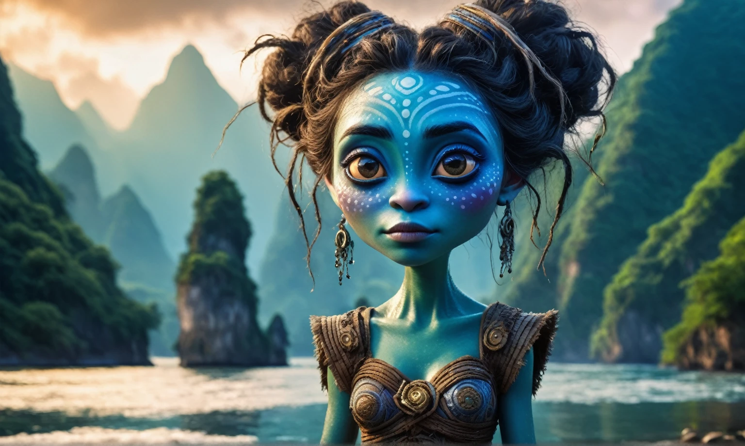 view from height,full-body-shot,niobium The Alien Entity Moana, sassiness temper,natural skin textures, hyper realisitc, hyper detailed,Extremely detailed,High contrast, ,Realistic,Ultra Detailed,intricate details,realistic humid skin,extremely intricate,Epic Realistic, Romantic, cinematic style,irina yermolova, messy hair,luminous eyes,extremely detailed, [night landscape],masterpiece,intricate details,faded,eyes extremely detailed, high detailed eyes,32k resolution, Nikon Z9,orc's village of fishers on Li River in  National Forest Park,full body length,mother-of-bismuth TAUN WE from star wars,ominous landscape,flying islands on background in dangerous atmosphere,intricate details,realistic humid skin,extremely intricate details,anatomically correct,faded,eyes extremely detailed, high detailed eyes,UHD,Retina,HDR,natural skin textures, hyper realism, hyper detailed,High contrast,Realism,Ultra Detailed,irina yermolova,close full body shot, masterpiece,faded,32k resolution, Nikon Z9,sunset, a Tim Burton-inspired dreamscape,Bun Hair,(Folk clothes:1.5)