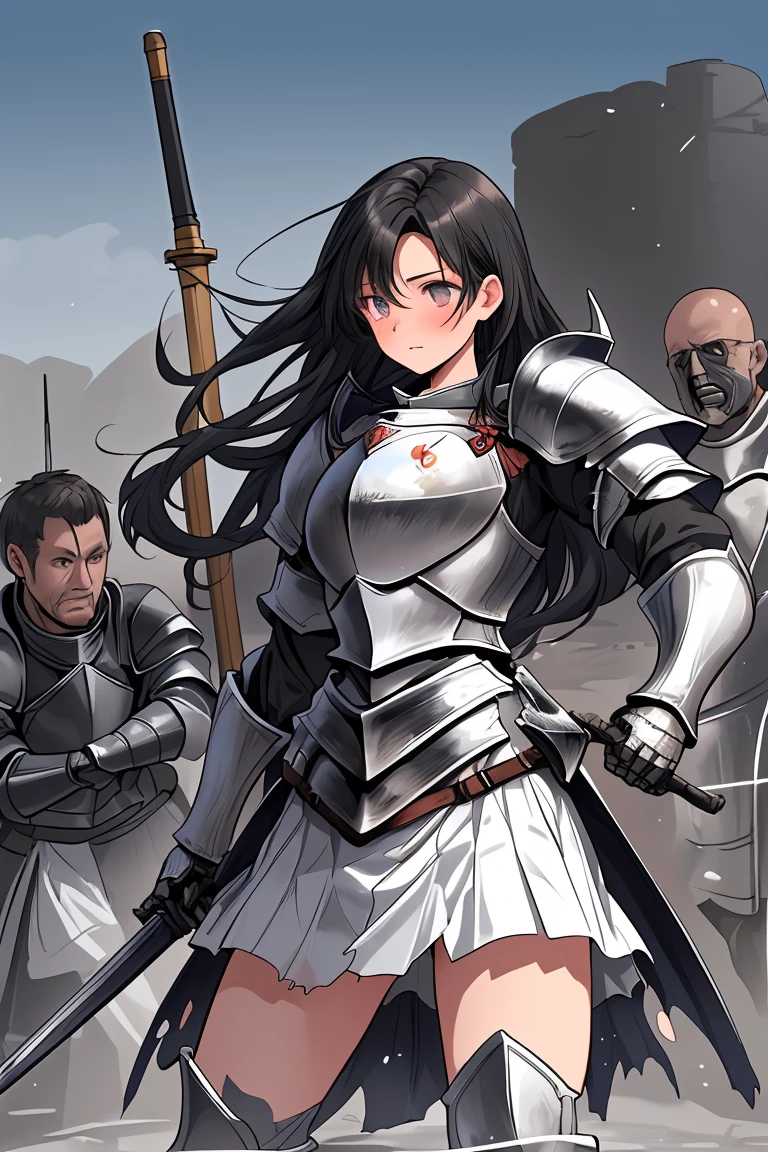 female knight Black Hair armor Torn white skirt White underwear battlefield Execution