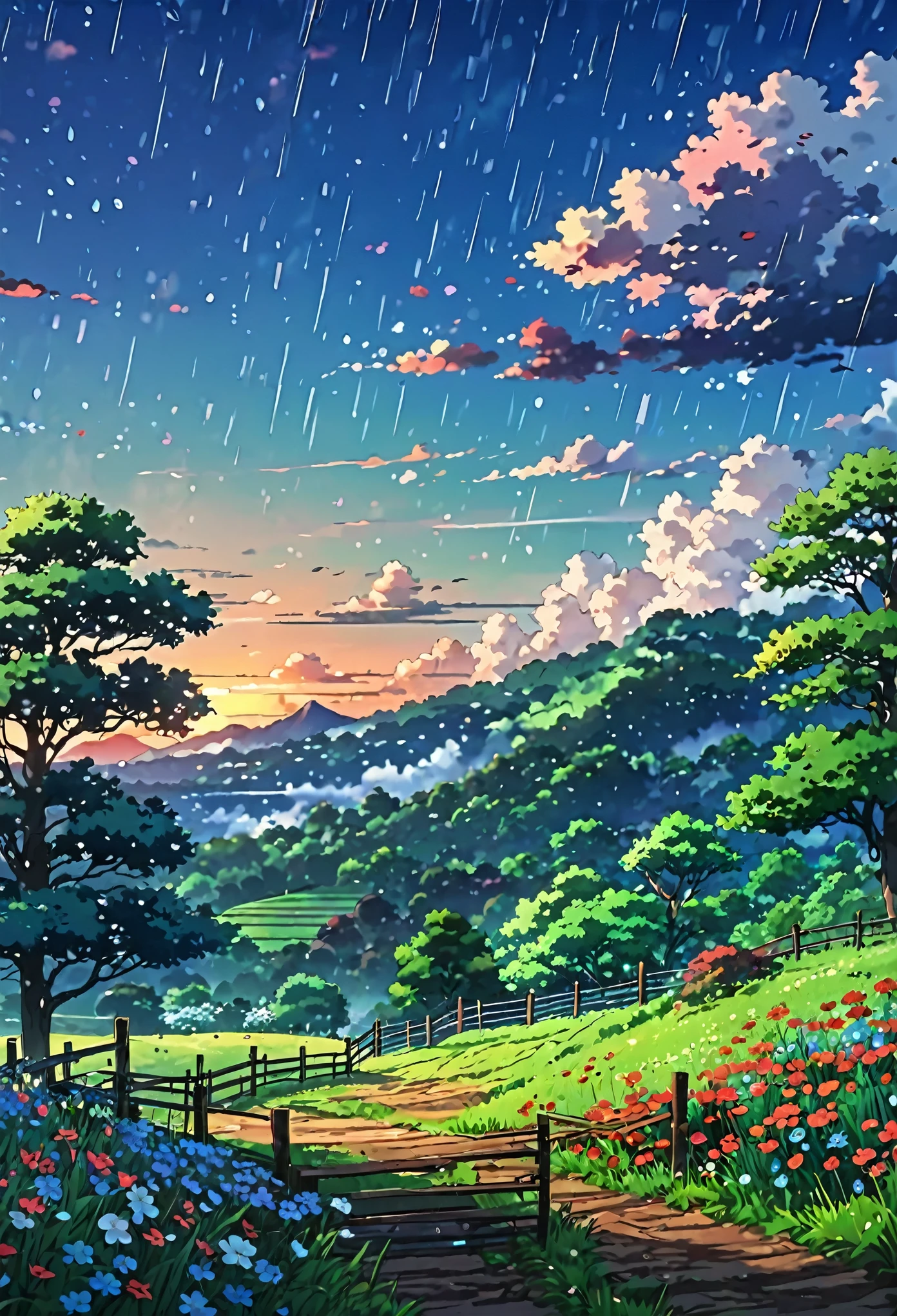 an instagram post with a picture of a forest and a fence in the background, anime nature wallpap, anime nature, anime landscape, scenery artwork, scenery art detailed, anime landscape wallpaper, anime scenery, anime countryside landscape, beautiful anime scenery, landscape scenery, dream scenery art, detailed scenery, anime background art, landscape - scenery, anime scenery concept art, scenery wallpaper, serene landscape, anime beautiful peace scene, landscape wallpaper, tranquil scene, sunset, rainy, rain, red and blue sky, wind, small flowers