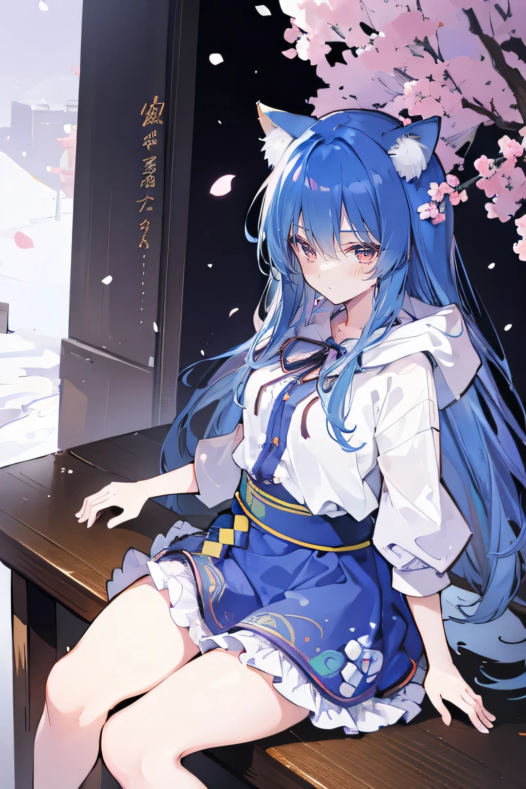 (masterpiece:1.2),Super detailed,lifelike,Expressive eyes,fair skin,perfect face shape,1 girl,
Japanese comics,Gorgeous blue hair,flowing blue hair,flowing clothes,Cat ears,Petals fall,beautiful lola,Baby Angel,
Shaking head with one hand,Cross your legs,Gentle and peaceful background,The pavilion is cool and comfortable,smile, wearing hoodie, background of tokyo,back views,snowing, winter,Angel Wings。