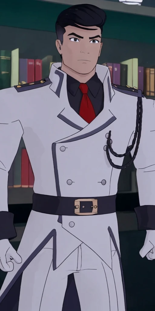 in the style of RWBY, one African-American man, young man, curly hair, half-African, half-Caucasian, He wore a white, double-breasted tailcoat with dark blue and black accents, most notable at the cuffs and shoulder pieces. The coat was belted at the waist. Underneath, Ironwood had a black collared shirt and a red tie. He also wore two white gloves,His pants were no longer tucked inside military boots but instead hang over the black boots. bearded , early 30s