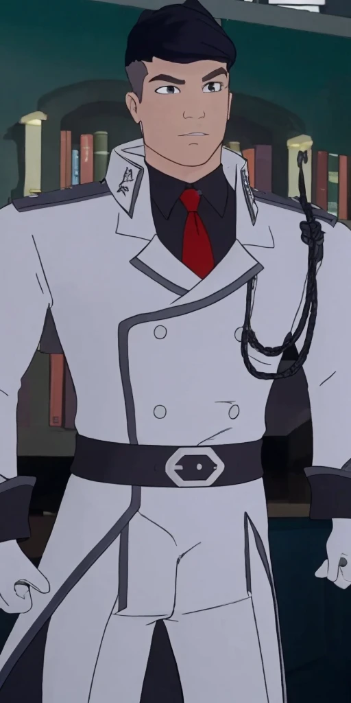 in the style of RWBY, one African-American man, young man, curly hair, half-African, half-Caucasian, He wore a white, double-breasted tailcoat with dark blue and black accents, most notable at the cuffs and shoulder pieces. The coat was belted at the waist. Underneath, Ironwood had a black collared shirt and a red tie. He also wore two white gloves,His pants were no longer tucked inside military boots but instead hang over the black boots. bearded , early 30s