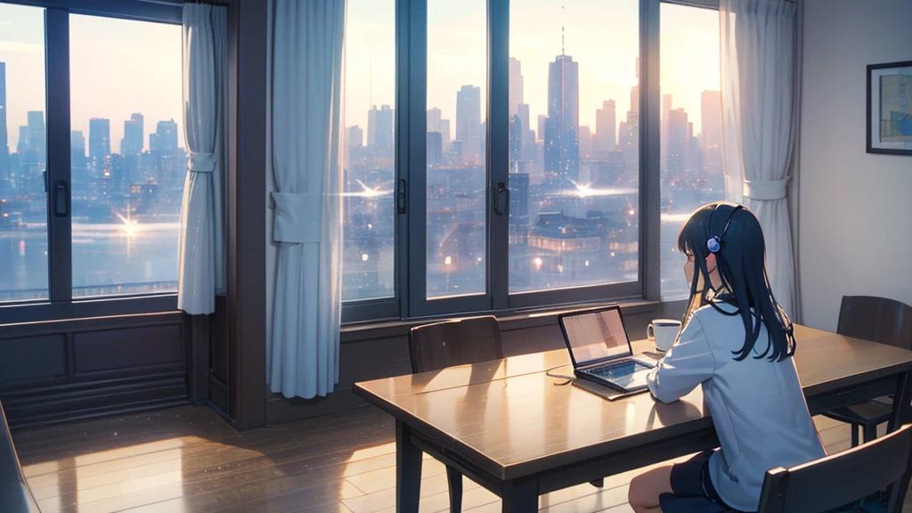 現代的な都会のカフェin勉強している若い女性のanime風イラスト。she is wearing casual clothes、Put on your headphones、Sitting at a wooden table、open laptop、textbook、And there is a steaming cup of coffee。The large windows offer a view of the bustling city with its skyscrapers.。Soft, warm lighting creates a cozy atmosphere。Pastel muted color palette(Subdued colors)Using。Lo-fi aesthetic(Lo-fi aesthetic)in、There is a slight film grain effect.。The scene is、勉強とリラックスに最適な平和in集中したムードを捉えている、Girls、She has a cute face、Ghibli style、anime