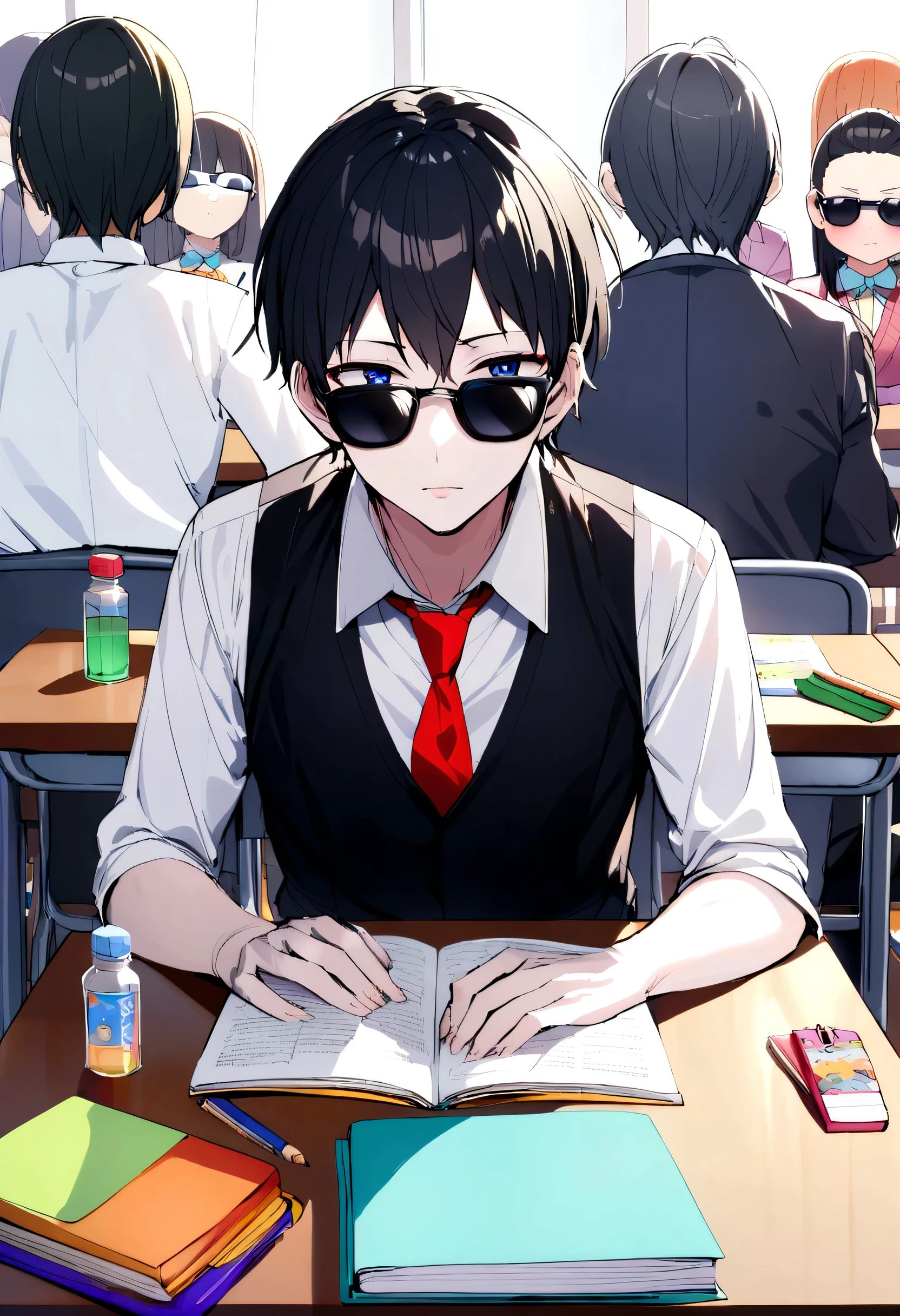 An Older White Skin Home Room Teacher his Age 42 Taller Appearance Black Hair Sunglasses White Background Classroom Teacher Table