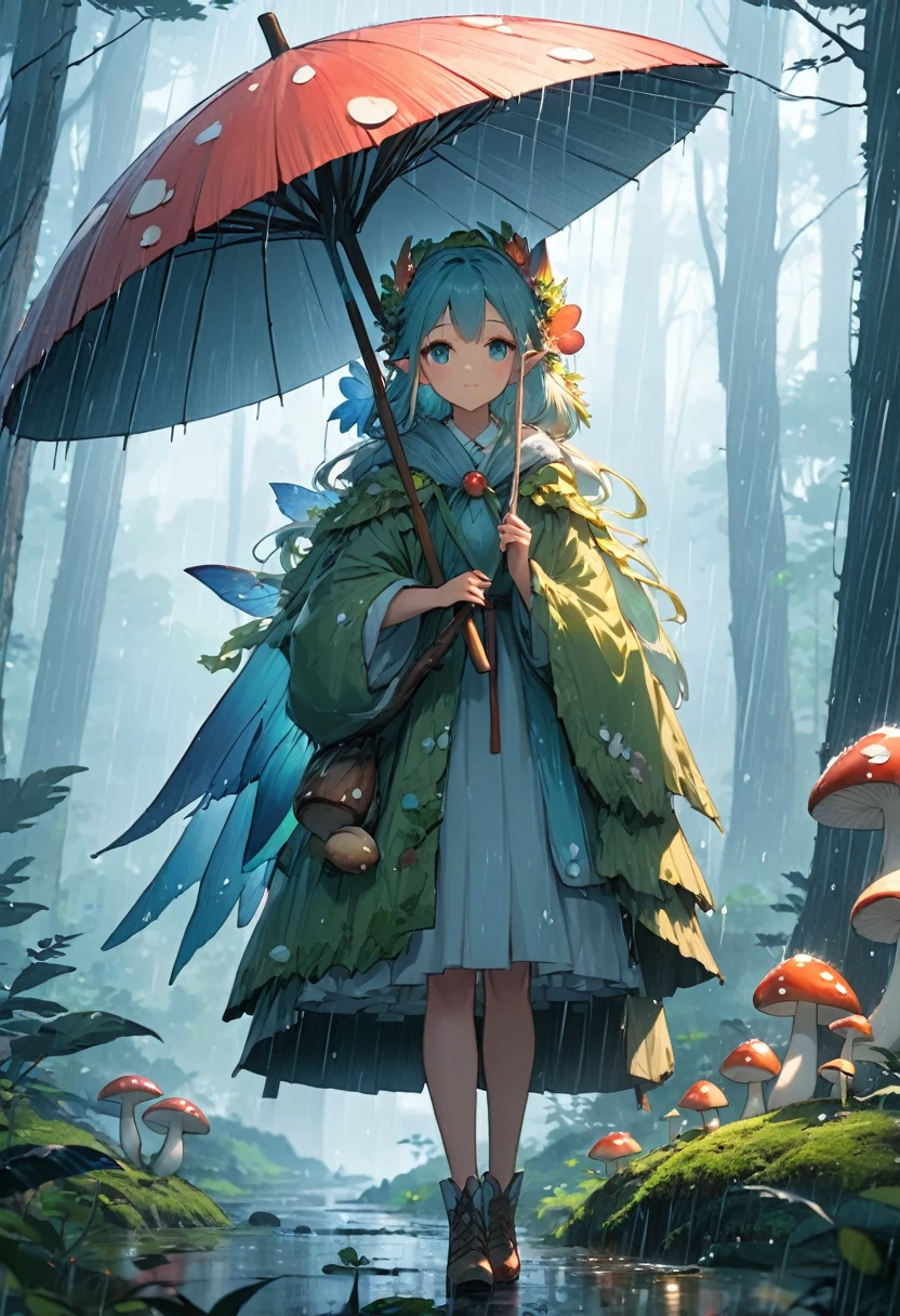 detailed, 8K, Movie angle, in the rain、A fairy woman holding a mushroom umbrella stands in the forest。.
