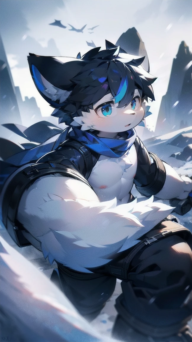 a man wearing a black combat suit, blue scarf, grey and white fur, blue eyes, snowy mountain landscape, holding a knife in each hand, wolf ears, fluffy fur, wolf tail, snow falling, lone figure, cinematic, dramatic lighting, highly detailed, photorealistic, 8k, unreal engine, hyper realistic, concept art, digital art