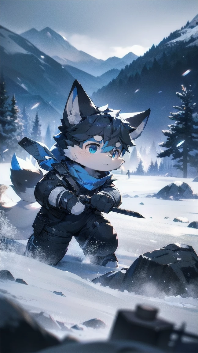 a man wearing a black combat suit, blue scarf, grey and white fur, blue eyes, snowy mountain landscape, holding a knife in each hand, wolf ears, fluffy fur, wolf tail, snow falling, lone figure, cinematic, dramatic lighting, highly detailed, photorealistic, 8k, unreal engine, hyper realistic, concept art, digital art