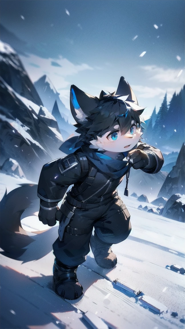 a man wearing a black combat suit, blue scarf, grey and white fur, blue eyes, snowy mountain landscape, holding a knife in each hand, wolf ears, fluffy fur, wolf tail, snow falling, lone figure, cinematic, dramatic lighting, highly detailed, photorealistic, 8k, unreal engine, hyper realistic, concept art, digital art