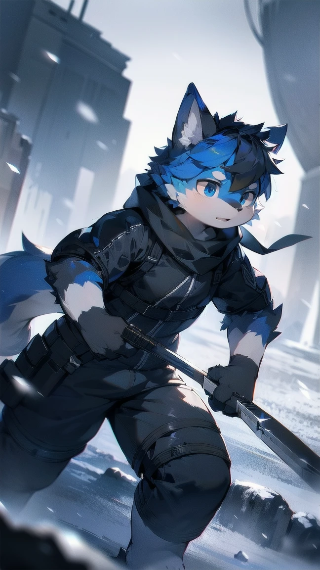 a man wearing a black combat suit, blue scarf, grey and white fur, blue eyes, snowy mountain landscape, holding a knife in each hand, wolf ears, fluffy fur, wolf tail, snow falling, lone figure, cinematic, dramatic lighting, highly detailed, photorealistic, 8k, unreal engine, hyper realistic, concept art, digital art