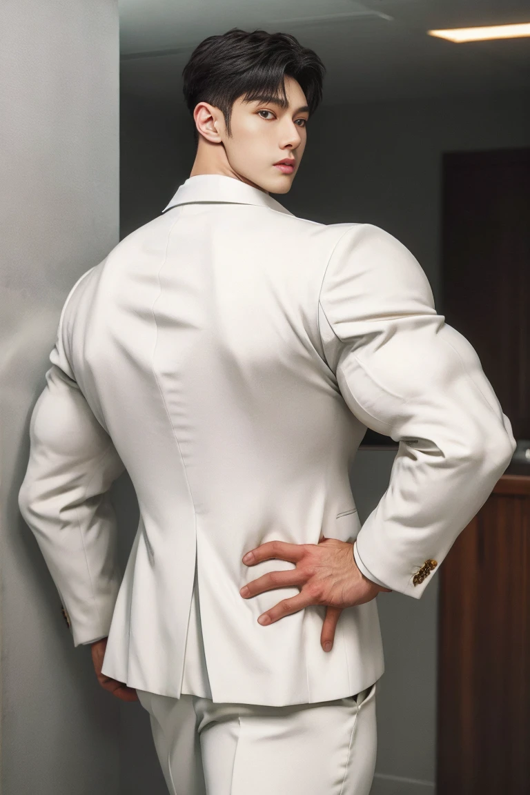 1 handsome young muscular man, (brutalmass:1.55), (kpop: 1.33), (hand behind back: 1.2), model, (detailed perfect face, black eyes: 1.2345), standing indoors, (extremely wide and broad shoulders, super muscular, giant muscles, defined abs: 1.331), (simple white suit: 1.555), realistic skin, (ultra realistic, detailed, high quality, 8k image quality, finely detailed, masterpiece, best quality: 1.2), facing camera, looking at camera