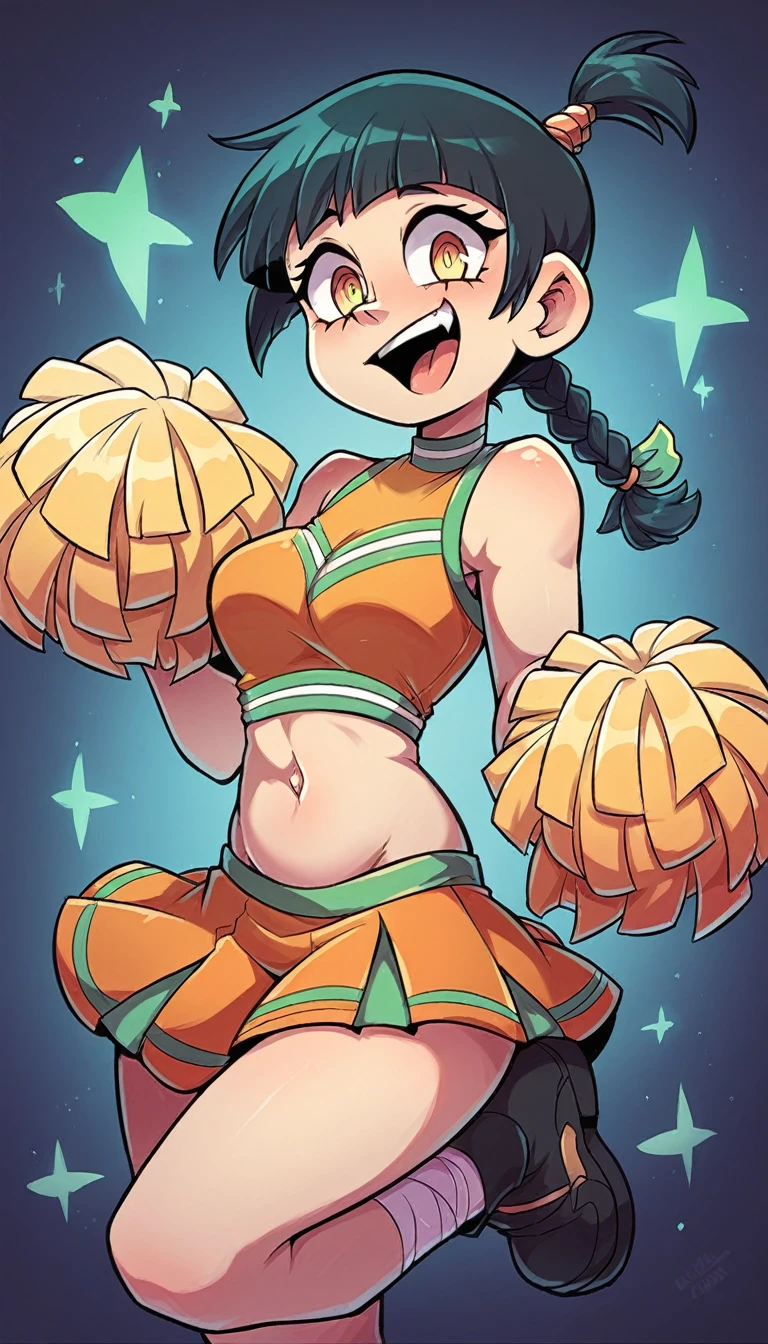 A girl truncheon beautiful crazy psycho beautiful sexy cute hair braid ball yellow shine short cut her eye brown sleepless eye stress mood good dresses orange top green stripe sleeveless cheerleader shows navel and a short bright orange skirt black heel