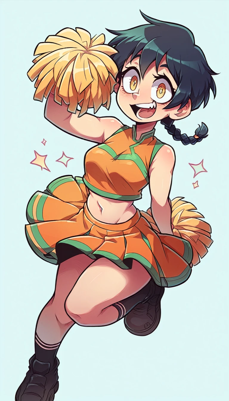 A girl truncheon beautiful crazy psycho beautiful sexy cute hair braid ball yellow shine short cut her eye brown sleepless eye stress mood good dresses orange top green stripe sleeveless cheerleader shows navel and a short bright orange skirt black heel