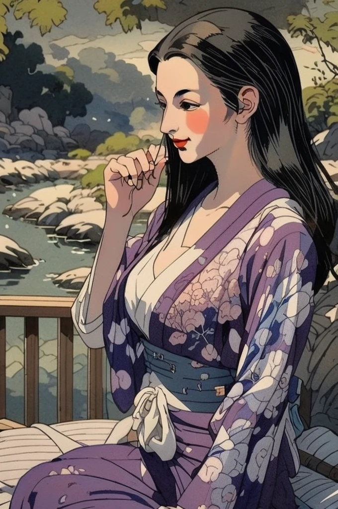 masterpiece, best quality, ukiyo-e:1.2, in hokusai style, a beautiful 20s french model, ultra detailed face
