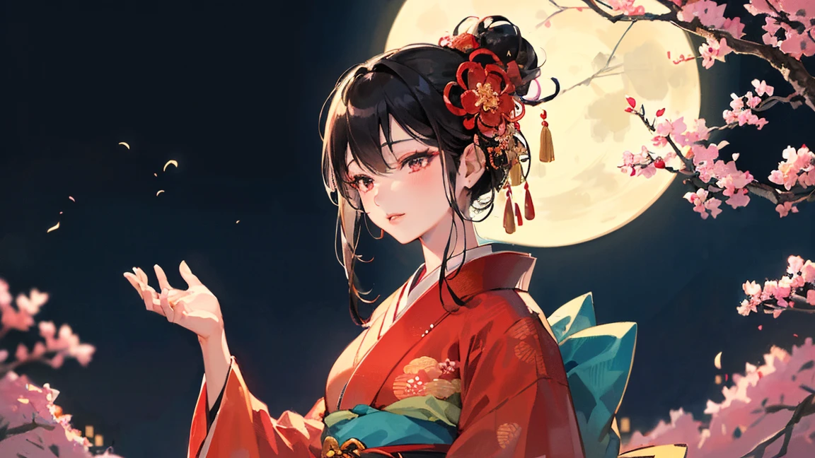 (((Oiran))),(((Prostitute))), Flashy kimono,hair ornaments, Scenery of kyoto,(((night))),(((night))),(((night))),(((night))),(((night))),(((night))),(((night))),(((night))),(((night))),(((night))),(((night))),(((night))),(((night))),(((night))),(((night))),(((night))),(((night))),(((night))),(((night))),(((night))),(((night))),(((night))),(((night))),(Lips are red:1.5)、 20-year-old, Watercolor, masterpiece, Highest quality, Very delicate and beautiful girl,Very delicate and beautiful, world masterpiece theater, Super detailed, Very detailedな, Highest quality,(((赤いFlashy kimono)))。(((赤いFlashy kimono)))。(((赤いFlashy kimono)))。(((赤いFlashy kimono)))。(((赤いFlashy kimono)))。(((赤いFlashy kimono)))。(((赤いFlashy kimono)))。(((赤いFlashy kimono)))。 (((Black Hair))), (((Black Hair))), (((Black Hair))), (((Cherry tree))), (((Cherry tree))), (((Cherry tree))), (((Cherry tree))), (((Upper Body))), (((Upper Body))), (((Upper Body))), (((Upper Body))), (((Upper Body))), (((Upper Body))), High resolution, Very detailed,5 girls, Highest quality, figure, masterpiece, Highest quality, Accuracy, A woman in her twenties from the late Edo period.。(((赤いFlashy kimono)))。 。In the style of old Japanese paintings with low saturation、The women look like modern anime characters..、She has a bit of Kabuki makeup on..。Strong 2D feel。night。night。night。night。night。night。night。night。background, たくさんの花びらが散っている大きなCherry tree、And a huge full moon