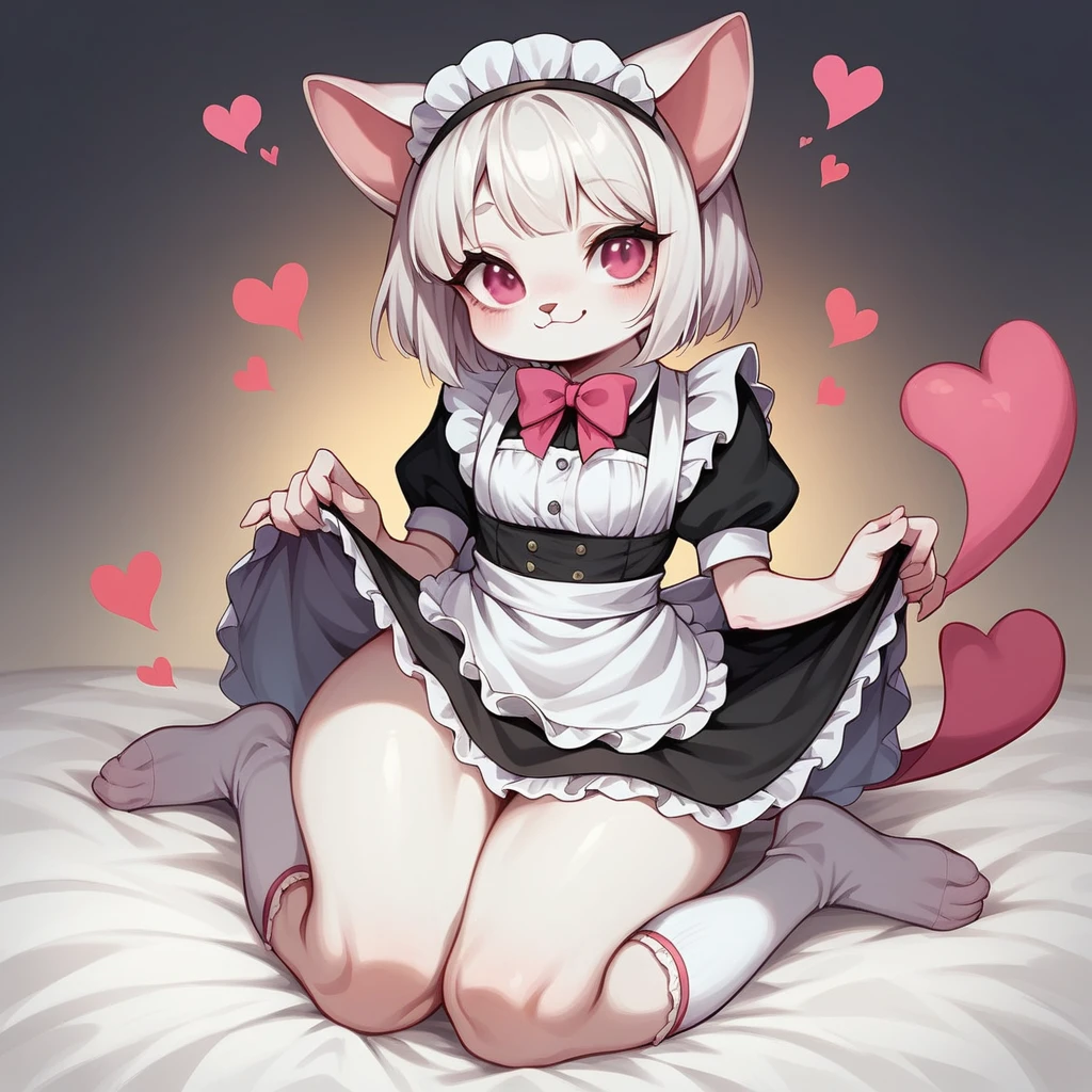 Furry, short white hair, maid dress, cute thighs, detailed thighs, pale white skin, work of art, detailded, silk socks with pink bow, pink eyes with heart, god of eyes, femdom, dominant, fluffly, peito pequeno fluffly,