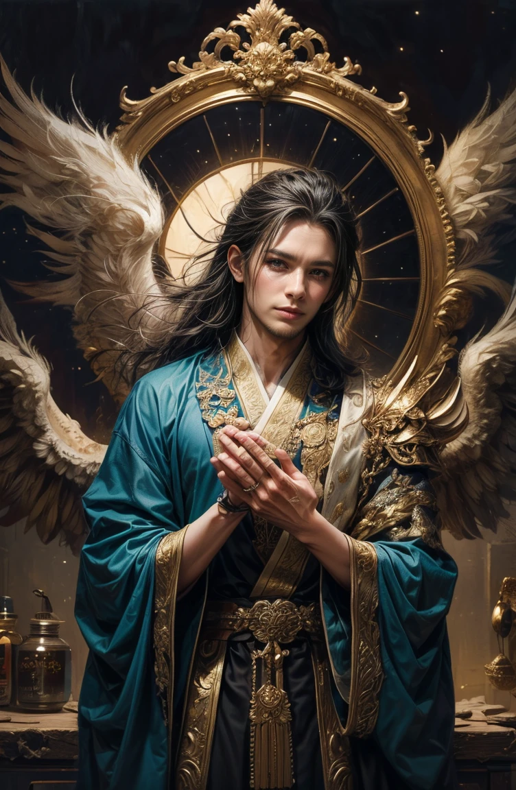 (Tabletop, Highest qualityの, ((((((male))))))、Highest quality, Official Art, (beautifully、beautiful:1.4), (Oil painting:1.4) ),(Beautiful Faces) 、(Lucifer), 日本god話のgod様々々, Fleeting beauty, 星空に照らされるgod秘的な存在, Winged Angel、god'Grace, Calm and thoughtful expression, Flowing Heavenly Robe, Dazzling silver stars light up the night view, Dance of shadows and lights, Whispers of Ancient Legends