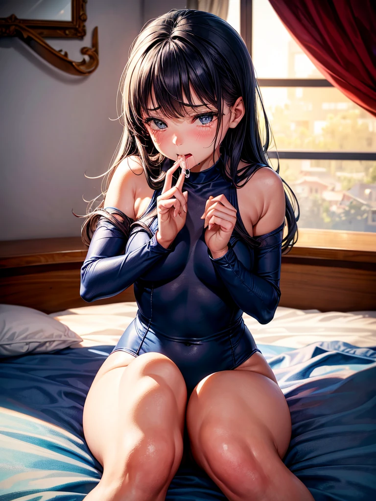 Highest quality,High resolution,A beautiful girl in a navy blue sailor leotard is crying, with her fingers in her mouth, her tongue out, and drooling while sitting on a bed in a Western-style room.,