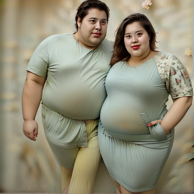 A friendly obese man and woman couple, holding tightly, women are fatter, photorealistic, 8K