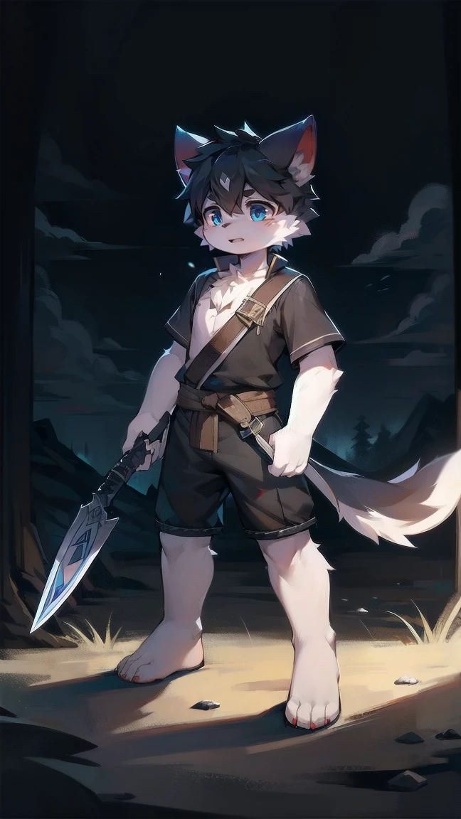 White Wolf,black hair,Sky blue eyes,hairy,Wolf ears,Wolf tail,Full body portrait,The character is in the center of the frame,Handsome,Confident eye***but,juvenile,Black and white combat uniform,Red neck bib,Black shorts,Short sleeve,hairy arms and legs,Dark background,Dark battlefield,dawn,sunrise,dawn,illumination,shadow,Swordsman,Scabbard and Hold the hilt of a in your hand,The scabbard is at the waist,Highest quality