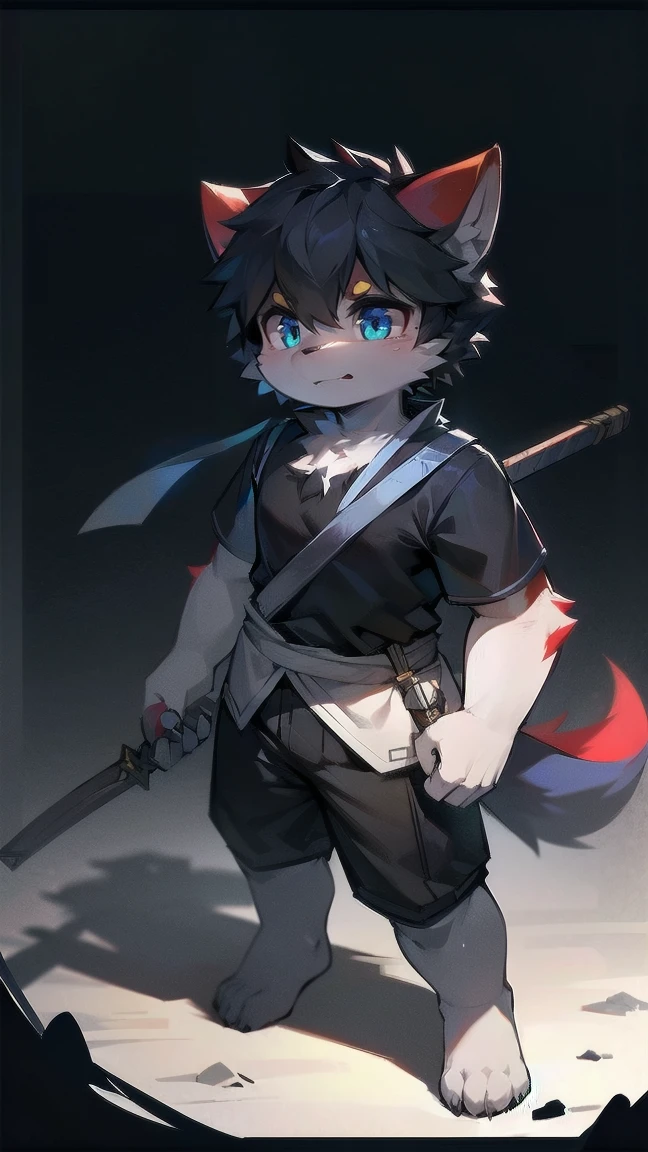 White Wolf,black hair,Sky blue eyes,hairy,Wolf ears,Wolf tail,Full body portrait,The character is in the center of the frame,Handsome,Confident eye***but,juvenile,Black and white combat uniform,Red neck bib,Black shorts,Short sleeve,hairy arms and legs,Dark background,Dark battlefield,dawn,sunrise,dawn,illumination,shadow,Swordsman,Scabbard and Hold the hilt of a in your hand,The scabbard is at the waist,Highest quality