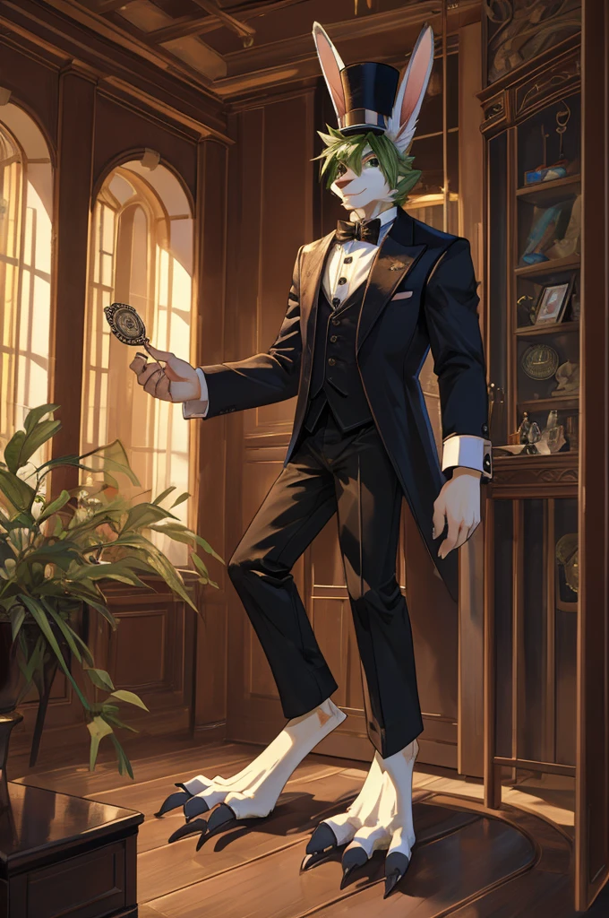((white fur)), green hair, ((top hat)), black vest, long ears, rabbit, droopy ears, male, pocket watch, long legs, digitigrade legs, (tall:1.9), ((no pants)), no sleeves, lanky, has a deck of cards, ((large toes:1.5))