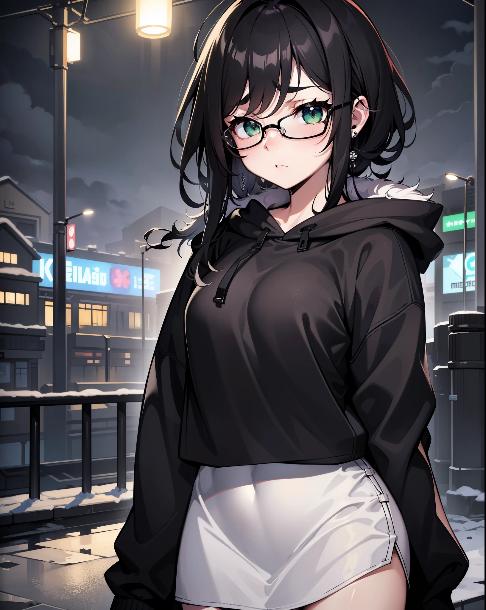 Best quality, volumetric lighting, cinematic lighting, masterpiece, ultra high res, 4k, (soft round detailed face), (sad expression), (detailed green eyes), bags under eyes, thick eyebrows, depressed, melancholy, (wearing rounded glasses), (very pale light skin), detailed black hair, ((long messy greasy hair)), (plain black hoodie), black stud earrings, black nail varnish, unwashed, unkempt, disheveled, sodium streetlamps, midnight, dark clouds, London, snow
