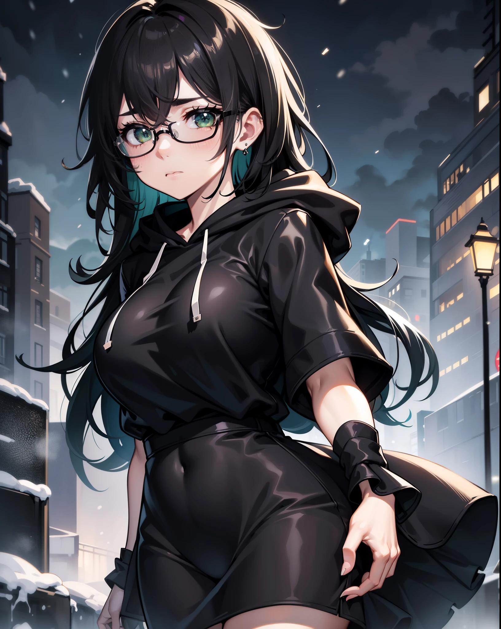 Best quality, volumetric lighting, cinematic lighting, masterpiece, ultra high res, 4k, (soft round detailed face), (sad expression), (detailed green eyes), bags under eyes, thick eyebrows, depressed, melancholy, (wearing rounded glasses), (very pale light skin), detailed black hair, ((long messy greasy hair)), (plain black hoodie), black stud earrings, black nail varnish, unwashed, unkempt, disheveled, sodium streetlamps, midnight, dark clouds, London, snow