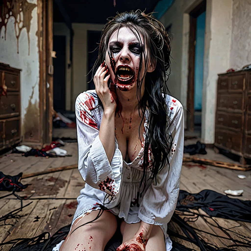 Undead sinner on her knees, forced oral sex, (oral rape:1.3), Sexual violence, hand on her head, holds her by the hair, (traces of beatings on her body:1.2), torn clothes, Sexual slavery, hellish torment