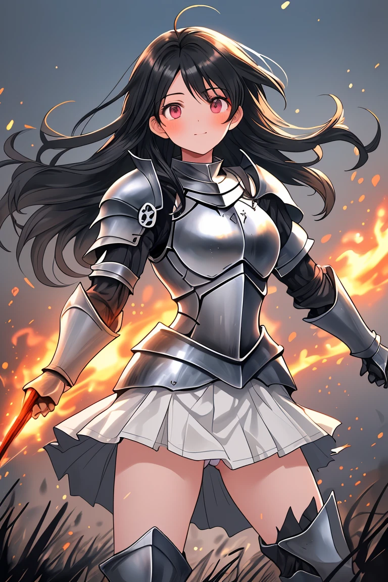 female knight　Black Hair　armor　Torn white skirt　White underwear　battlefield　Flaming