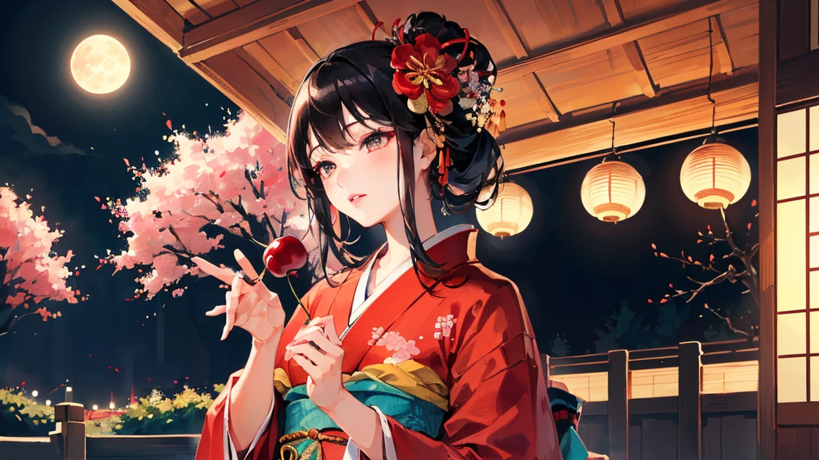 (((Oiran))),(((Prostitute))), Flashy kimono,hair ornaments, Scenery of kyoto,(((night))),(((night))),(((night))),(((night))),(((night))),(((night))),(((night))),(((night))),(((night))),(((night))),(((night))),(((night))),(((night))),(((night))),(((night))),(((night))),(((night))),(((night))),(((night))),(((night))),(((night))),(((night))),(((night))),(Lips are red:1.5)、 20-year-old, Watercolor, masterpiece, Highest quality, Very delicate and beautiful girl,Very delicate and beautiful, world masterpiece theater, Super detailed, Very detailedな, Highest quality,(((赤いFlashy kimono)))。(((赤いFlashy kimono)))。(((赤いFlashy kimono)))。(((赤いFlashy kimono)))。(((赤いFlashy kimono)))。(((赤いFlashy kimono)))。(((赤いFlashy kimono)))。(((赤いFlashy kimono)))。 (((Black Hair))), (((Black Hair))), (((Black Hair))), (((Cherry tree))), (((Cherry tree))), (((Cherry tree))), (((Cherry tree))), (((Upper Body))), (((Upper Body))), (((Upper Body))), (((Upper Body))), (((Upper Body))), (((Upper Body))), High resolution, Very detailed,5 girls, Highest quality, figure, masterpiece, Highest quality, Accuracy, A woman in her twenties from the late Edo period.。(((赤いFlashy kimono)))。 。In the style of old Japanese paintings with low saturation、The women look like modern anime characters..、She has a bit of Kabuki makeup on..。Strong 2D feel。night。night。night。night。night。night。night。night。background, たくさんの花びらが散っている大きなCherry tree、And a huge full moon
