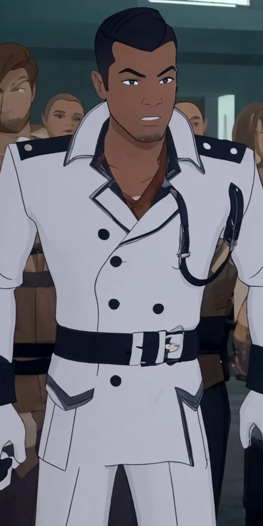 in the style of RWBY, one African-American man, young man, curly hair, half-African, half-Caucasian, He wore a white, double-breasted tailcoat with dark blue and black accents, most notable at the cuffs and shoulder pieces. The coat was belted at the waist. Underneath, Ironwood had a black collared shirt and a red tie. He also wore two white gloves,His pants were no longer tucked inside military boots but instead hang over the black boots. bearded , early 30s