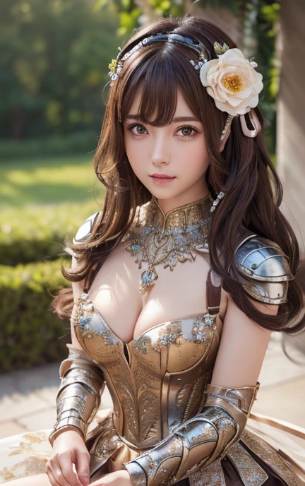 (((masterpiece))), (8K, expensive_solve), (clear_image), Highly detailed CG, ((Highest quality), Beautiful eyes and fine face, ((embarrassed,blush:0.8)), (Abdominal muscles:0.8), (drill hair,dark brown hair,hair ribbon,bright,flower hair ornament),armored dress,panty shot