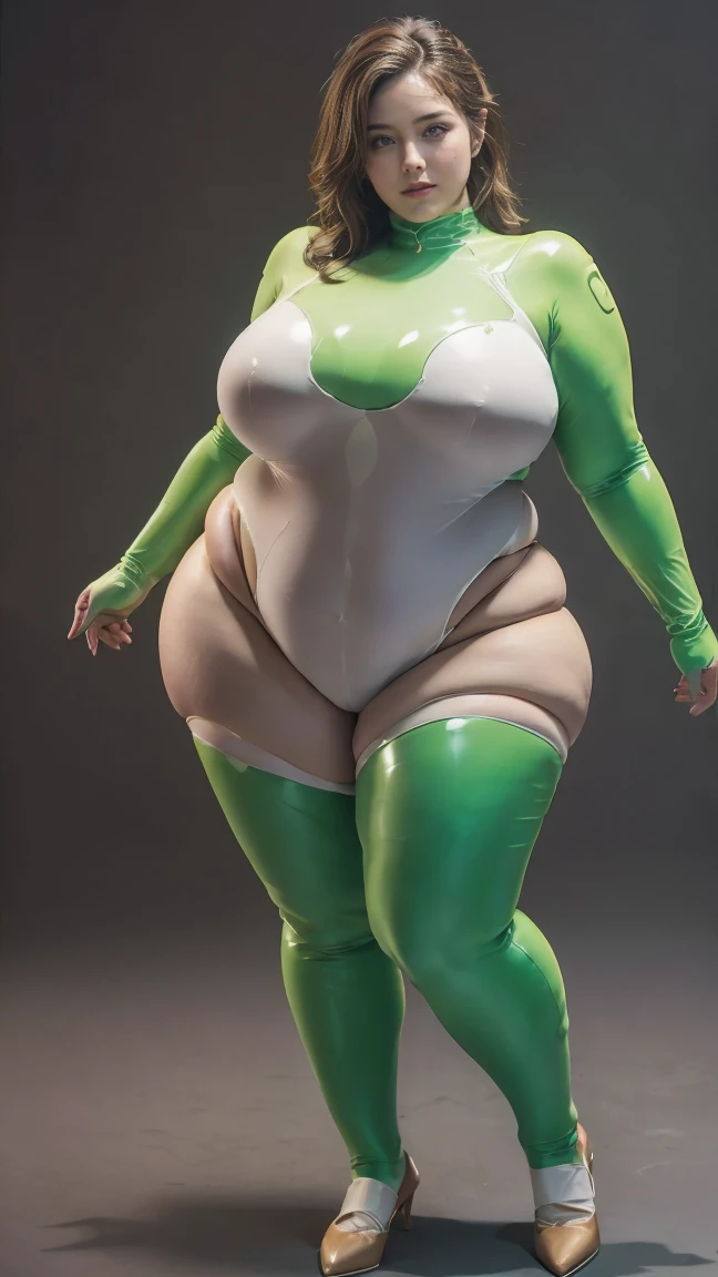 (highest quality、8k、32k、masterpiece、Ultra-high resolution:1.2、Perfect body beauty:1.2、Wearing a futuristic hero suit that glows pale pink and white:1.5、Cute 25 year old White woman、Big and ample breasts:1.5、Upper Body、front、Simple Background、Looking at the audience、Dynamic pose:1.8、sunlight、nswf:1.5 ((Light green full body rubber suit)),((Huge slack)),((heavy body)),((Wide Hips)),((Thick body)),((Fat belly)),((Fat girl)),((Chubby)),((Big Size)),((White woman)),((Brown Hair)),((short hair)),((blue eyes)),((Full body portrait))、Long socks、I can't see my bare skin、High heels、Full body portrait、ponytail、Simple Background、Full body portrait