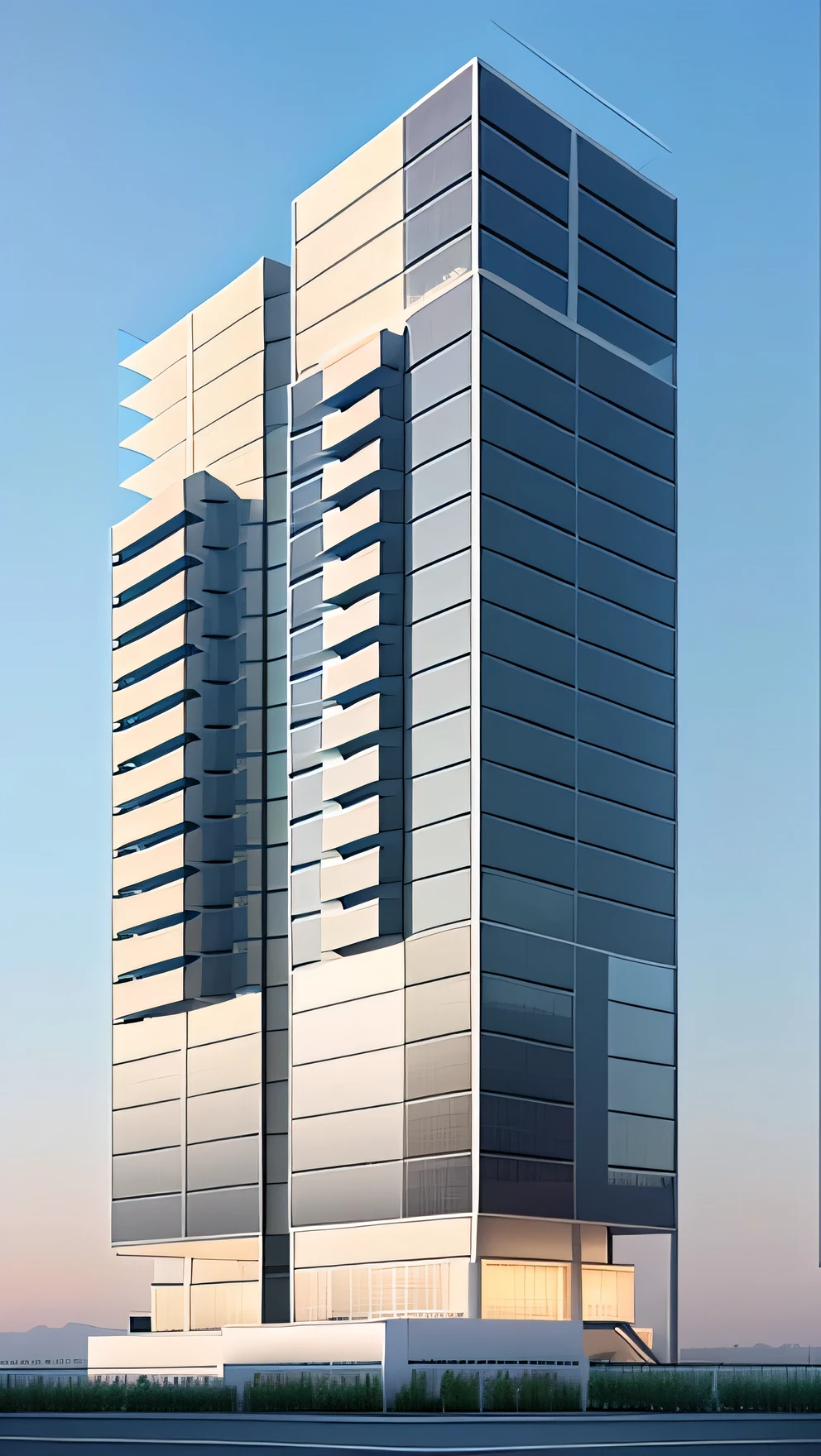 exterior of a highrise building, naoclassical style, colum and floor concrete, white facade terrazzo, daylight, beautiful sky, in the city, high quality, masterpiece, uhd, 8k, raw photo,