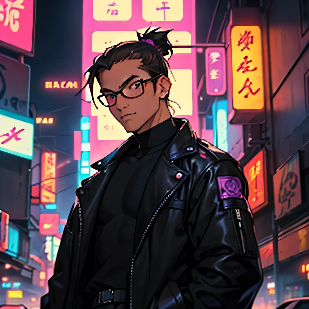 Solo male anarchist Filipino brown eyes with a messy man bun styled brown hair while wearing glasses set in a neo Tokyo city at night while all the neon signs glow while wearing a purple and black tech wear