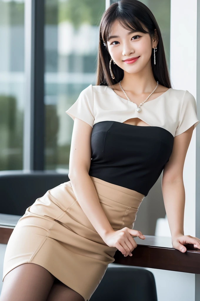 Receptionist at a client company, company receptionist, ((full body)), ((photo)), ((best qualtiy, 8K, tmasterpiece:1.3)), Focus:1.2, perfect figure beautiful girl:1.4, 1girl, cowboy shot, look at viewer, eyes facing the camera, incredibly absurd, beautiful and cute girl with a photorealistic face, showcasing top-quality craftsmanship, A Japanese girl sitting smiling as a receptionist at the reception desk, 19 years old, has long, shiny black hair, straight, with the ends curled slightly inwards, with see-through bangs cut above the eyes, fair and smooth skin, large, round almond-shaped eyes, jet black eyes, long eyelashes, double eyelids, high nose, plump lips, a smile with upturned corners of the mouth, sunken cheeks, a fragile impression, glamorous, well-balanced proportions, tall, 165cm tall, beautiful D-cup breasts, white blouse, beige tight skirt, heeled pumps, pearl necklace and earrings, silver watch, pretty older woman, beautiful, neat, has a cute voice, intelligent, elegant, calm, kind, her hobbies are reading and listening to classical music, February
