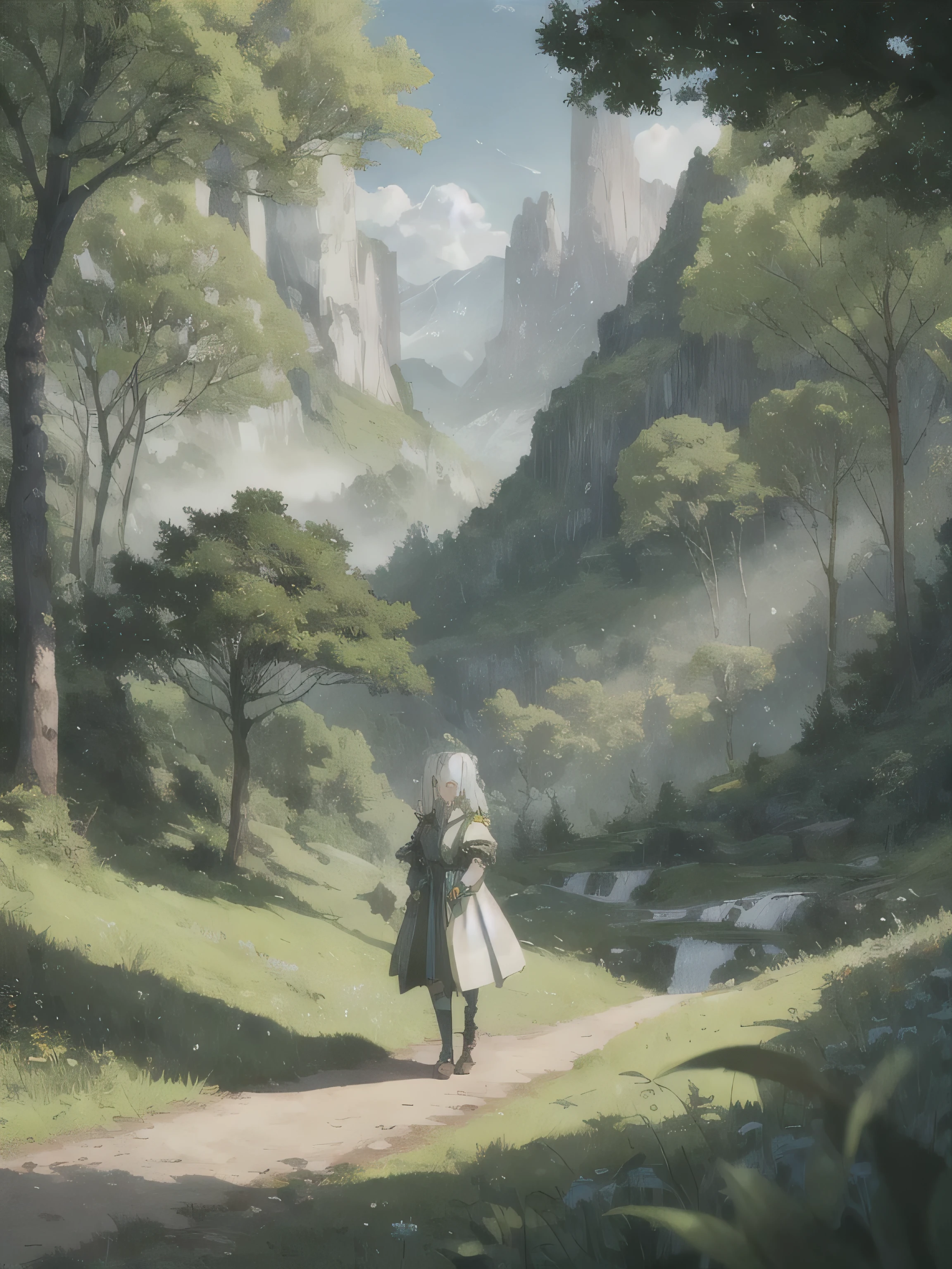 In a green meadow stands a girl with white hair at the head of a group of knights...
REST With a brave expression., she guides them to their destination.
BREAK Behind her, a green forest stretches and beyond, mountains rise in the distance.
REST The most suitable effect for this scene would be a watercolor painting technique to capture the softness of the meadow and the fluidity of movement..