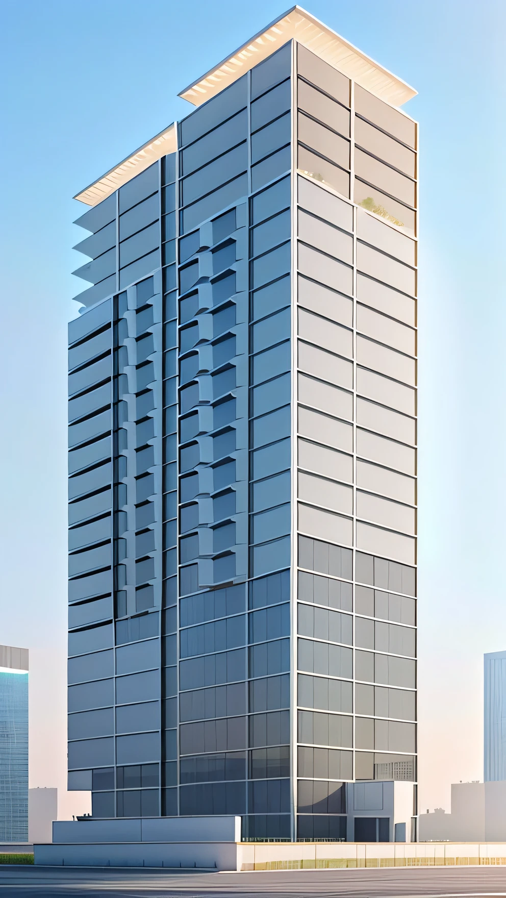 exterior of a highrise building, naoclassical style, colum and floor concrete, white facade terrazzo, daylight, beautiful sky, in the city, high quality, masterpiece, uhd, 8k, raw photo,