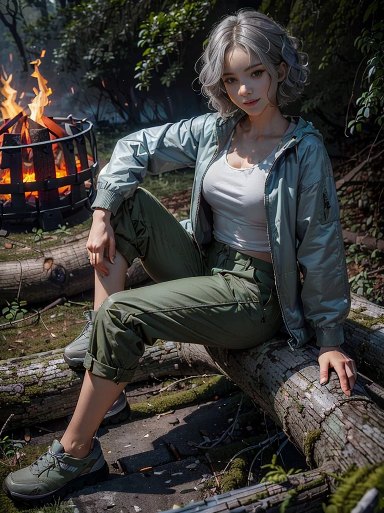 (((masterpiece)), ((best quality)), (ultra-detailed), ((extremely detailed)), 4K, (8K), best quality, a beautiful woman, (( gray hair)),  ((curly bob cut)), hair in 7 thirds, light blue eyes, detailed skin, freckled skin, 20 years old, ((wavy hair)), ((hair over one ear)), ((Forehead)), ((1girl, solo)),

In the woods, hiking, Field jacket, white tank top, moss green cargo pants,  climbing shoes, , ((Only one bonfire)), ((Sitting on a fallen tree with his legs spread)), smiling,((darkness)), ((oversize anorak)), ((Firelight))