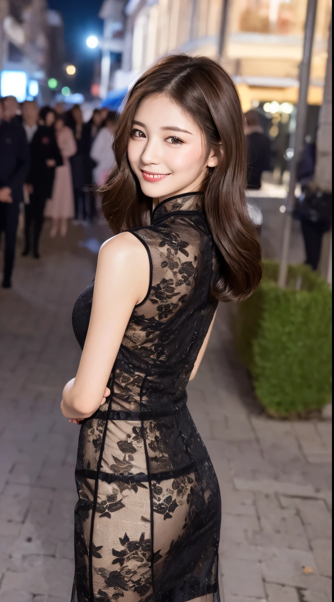 ((Top quality、8K、masterpiece、:1.3))、1 Girl、a smile、whole body、Thin face、Pretty Woman、(Dark brown hair)、qipao dress:1.1、Super detailed face、Delicate eyes、Double eyelids、Blurred background、Thin face、Night view、appearance、street、Raw,Back,walk,Raw,Back