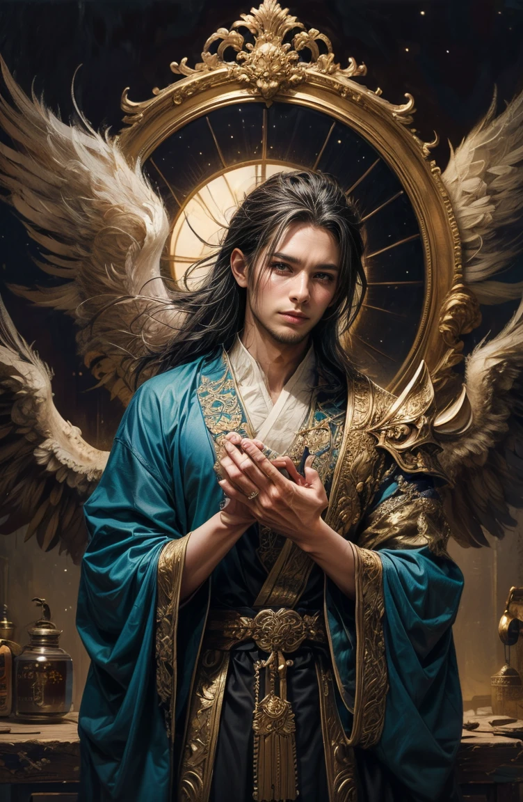 (Tabletop, Highest qualityの, ((((((male))))))、Highest quality, Official Art, (beautifully、beautiful:1.4), (Oil painting:1.4) ),(Beautiful Faces) 、(Lucifer), 日本god話のgod様々々, Fleeting beauty, 星空に照らされるgod秘的な存在, Winged Angel、god'Grace, Calm and thoughtful expression, Flowing Heavenly Robe, Dazzling silver stars light up the night view, Dance of shadows and lights, Whispers of Ancient Legends、