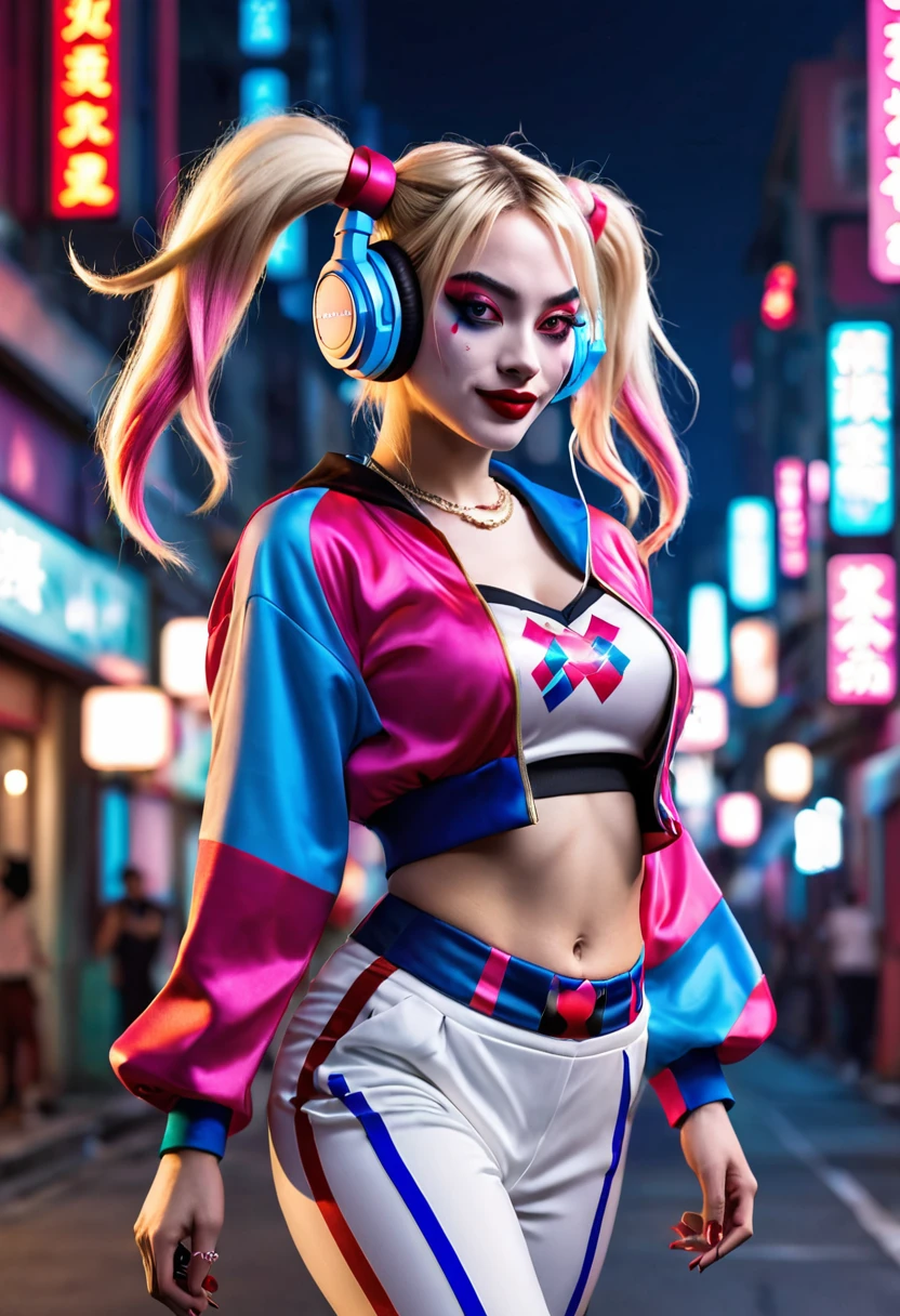 Harley Quinn Twin tails Blonde with pink and blue lines listening to music with white headphones Walking the streets at night in Chinese clothing Strong women Fighting Women