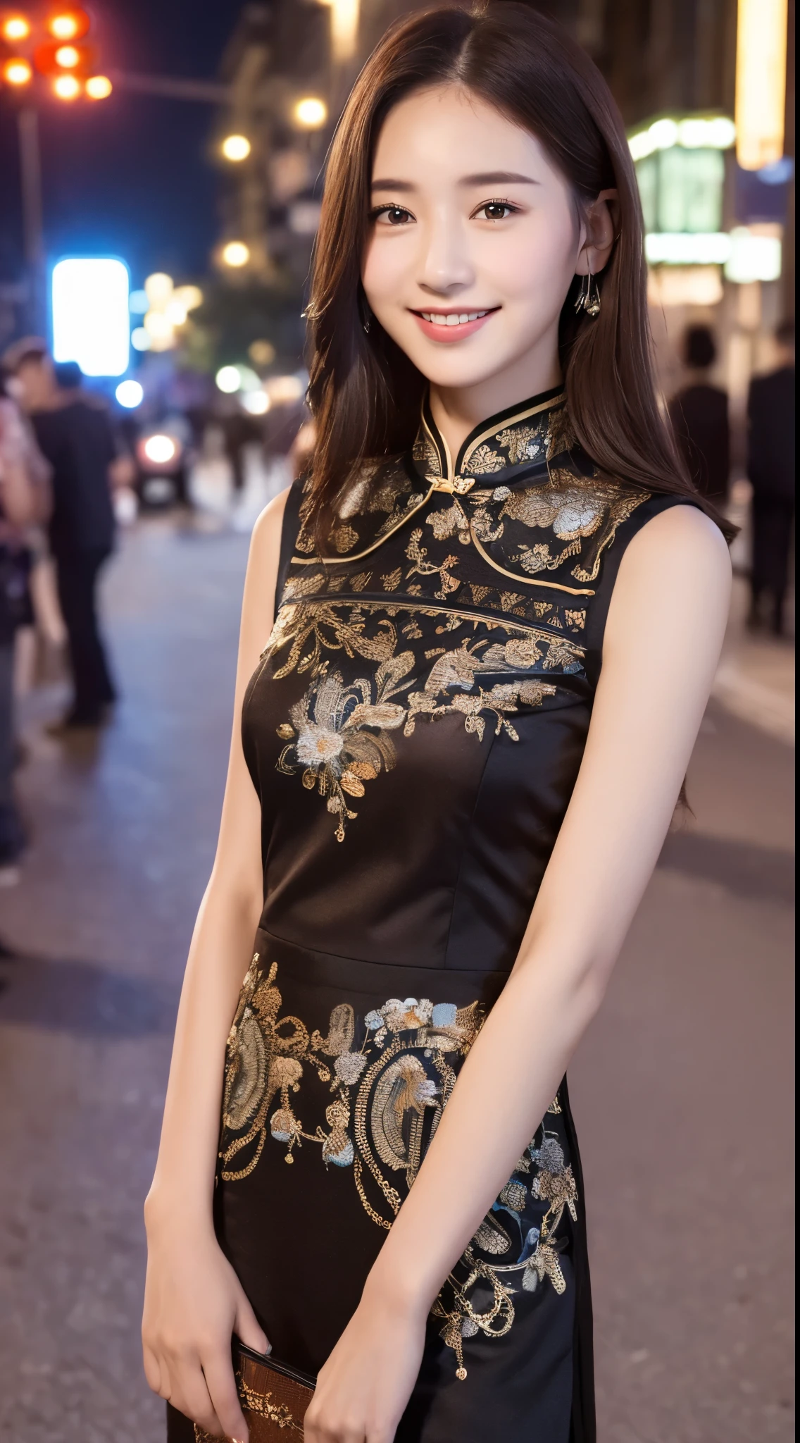 ((Top quality、8K、masterpiece、:1.3))、1 Girl、a smile、whole body、Thin face、Pretty Woman、(Dark brown hair)、qipao dress:1.1、Super detailed face、Delicate eyes、Double eyelids、Blurred background、Thin face、Night view、appearance、street、Raw,Back，walk，Raw,Back