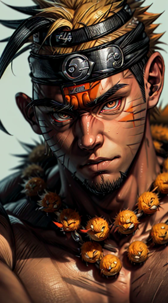 Naruto, Naruto uzumaki, Create a mascular Naruto uzumaki avatar, a close badass look. Inspired by Naruto uzumaki from Naruto, photo (photorealism) (realistic) (ultra HD) (8k wallpaper) (fine details) (extreme details on face)