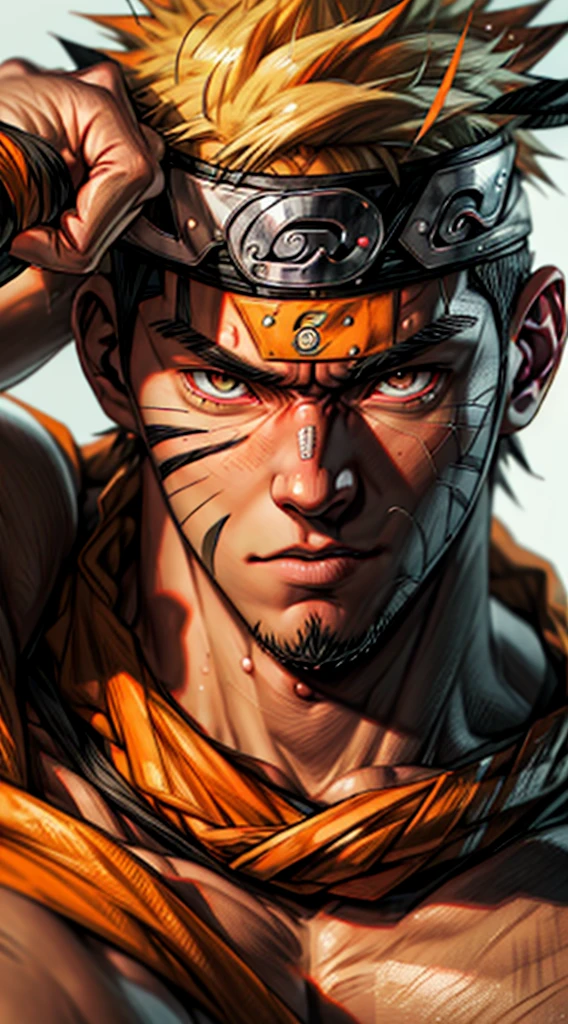 Naruto, Naruto uzumaki, Create a mascular Naruto uzumaki avatar, a close badass look. Inspired by Naruto uzumaki from Naruto, photo (photorealism) (realistic) (ultra HD) (8k wallpaper) (fine details) (extreme details on face)