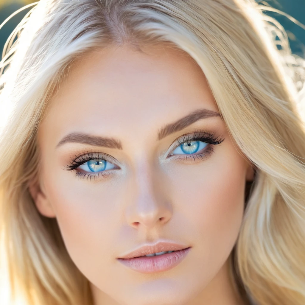 Make a beautiful blonde woman, with light blue eyes, Caucasian skin, her face is slightly reflected by the sun&#39;s ray through the window(1.2), She is a beautiful girl, photorrealistic, 4K