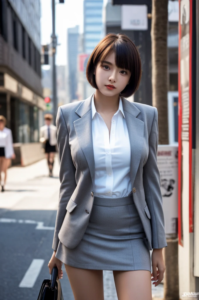 a 19 year old face of the most beautiful actress in the world, the short hair cut of a female is just male one, the perfect body proportions of a female, formal shirt under blazer is covering large breasts, panties between bare legs are almost seen thanks to skirt is too short, standing, at city street, nsfw, best quality, highly detailed, masterpiece, ultra high res, photo realistic, 8k