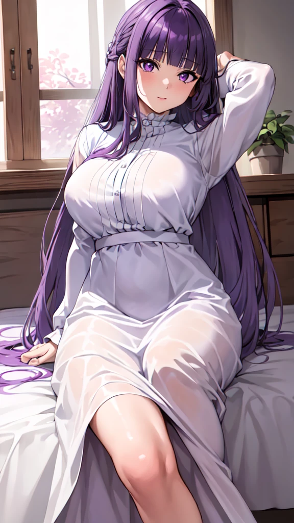 masterpiece, Highest quality, High resolution, Arfern, Long Hair, Purple Hair, Blunt bangs, Purple eyes, Large Breasts, Long dress, White Dress, Long sleeve, Sitting,arms behind head, Bedroom,(Puffing one’s cheeks), Cowboy Shot,